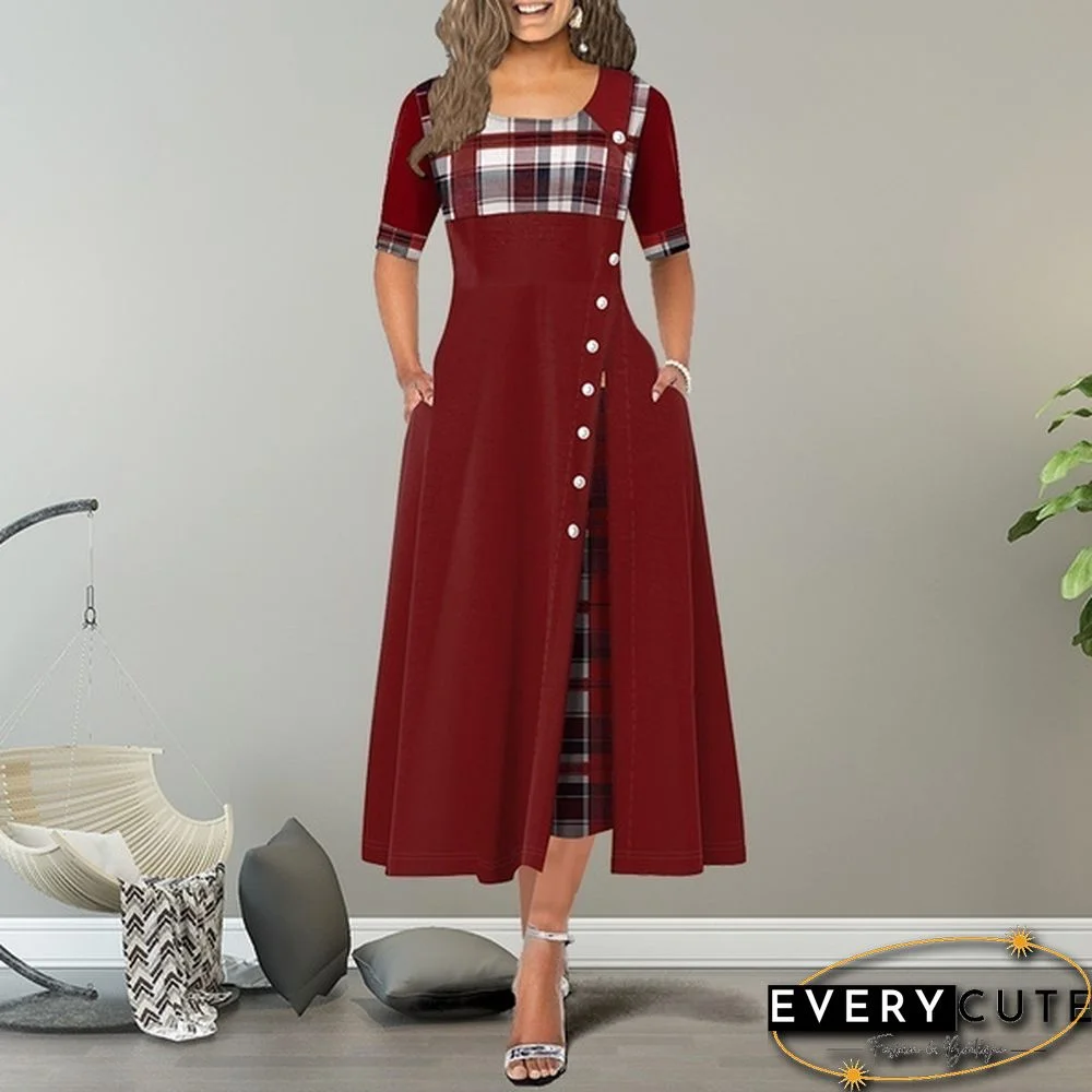 Women's Fashion Half Sleeve Elegant Long Dress Plaid Print Button Detail Maxi Dress Plus Size Xs-5Xl