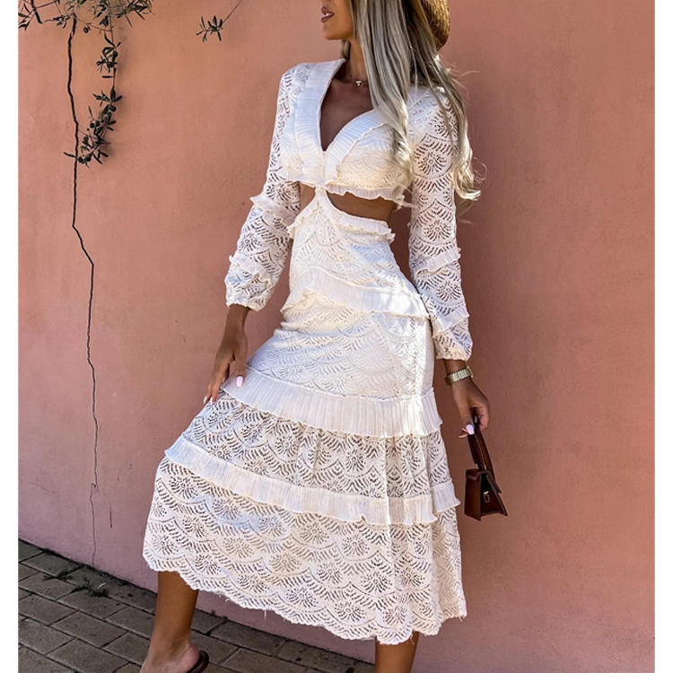 V  Neck Long Sleeve Waist Lace MidiDress