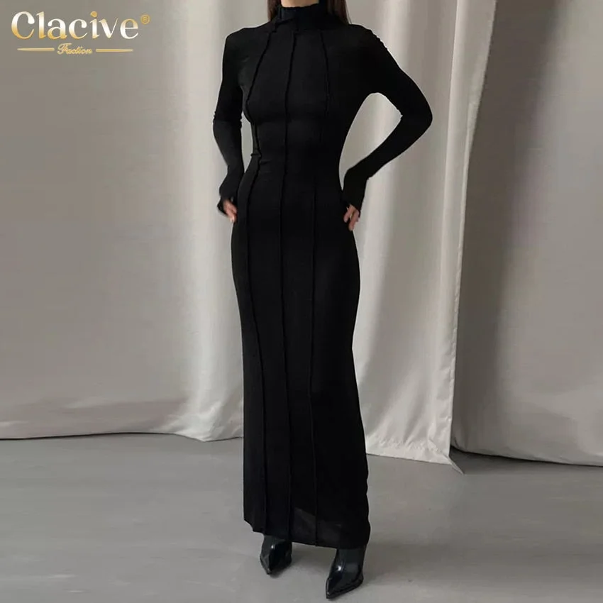 Uforever21 Fall Outfits   Bodycon Black Women Dress 2023 Winter Fashion Slim Stand Collar Long Sleeve Ankle-Length Party Dresses Female Streetwear
