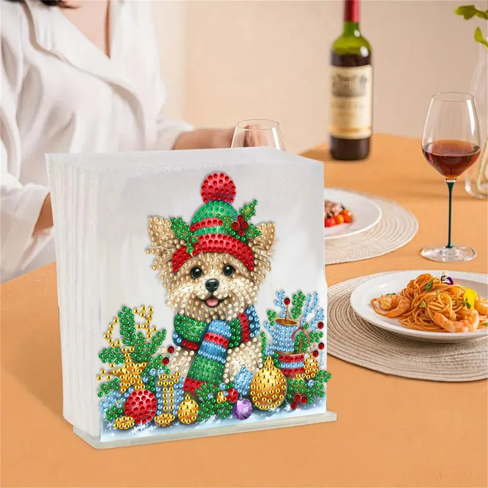 5D DIY Christmas Dog Acrylic Double Sided Diamond Art Paper Towel Storage Rack Decor