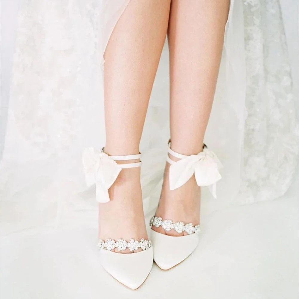 White Satin Bridal Heels Almond Toe Stiletto Heels With Bow For Wedding Nicepairs