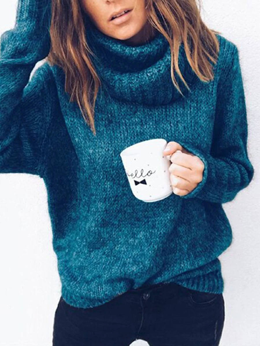 High Neck Solid Color Long Sleeve Knitting Sweater