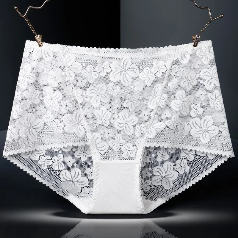 Billionm New Style Full Lace Buttocks High Waist Black Printing Hollow Triangle Briefs Women's Large Size Transparent Fashion Sexy