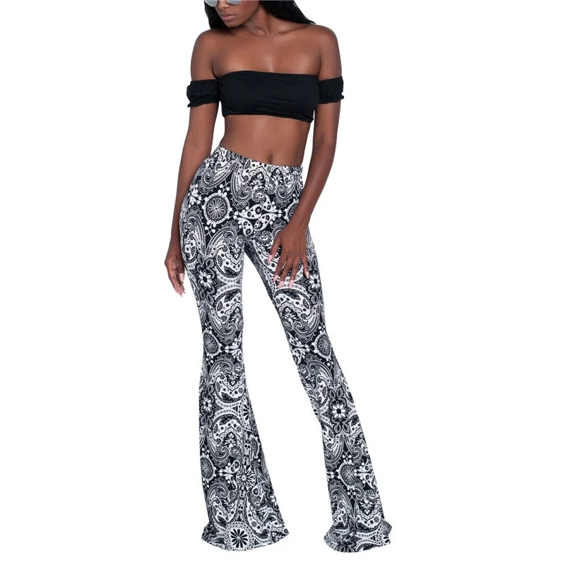 Women Pants New Baggy Flared Pants Boho Style Floral Hippie Wide Leg Gypsy Palazzo Casual Trousers Ladies Bell-bottomed Trousers