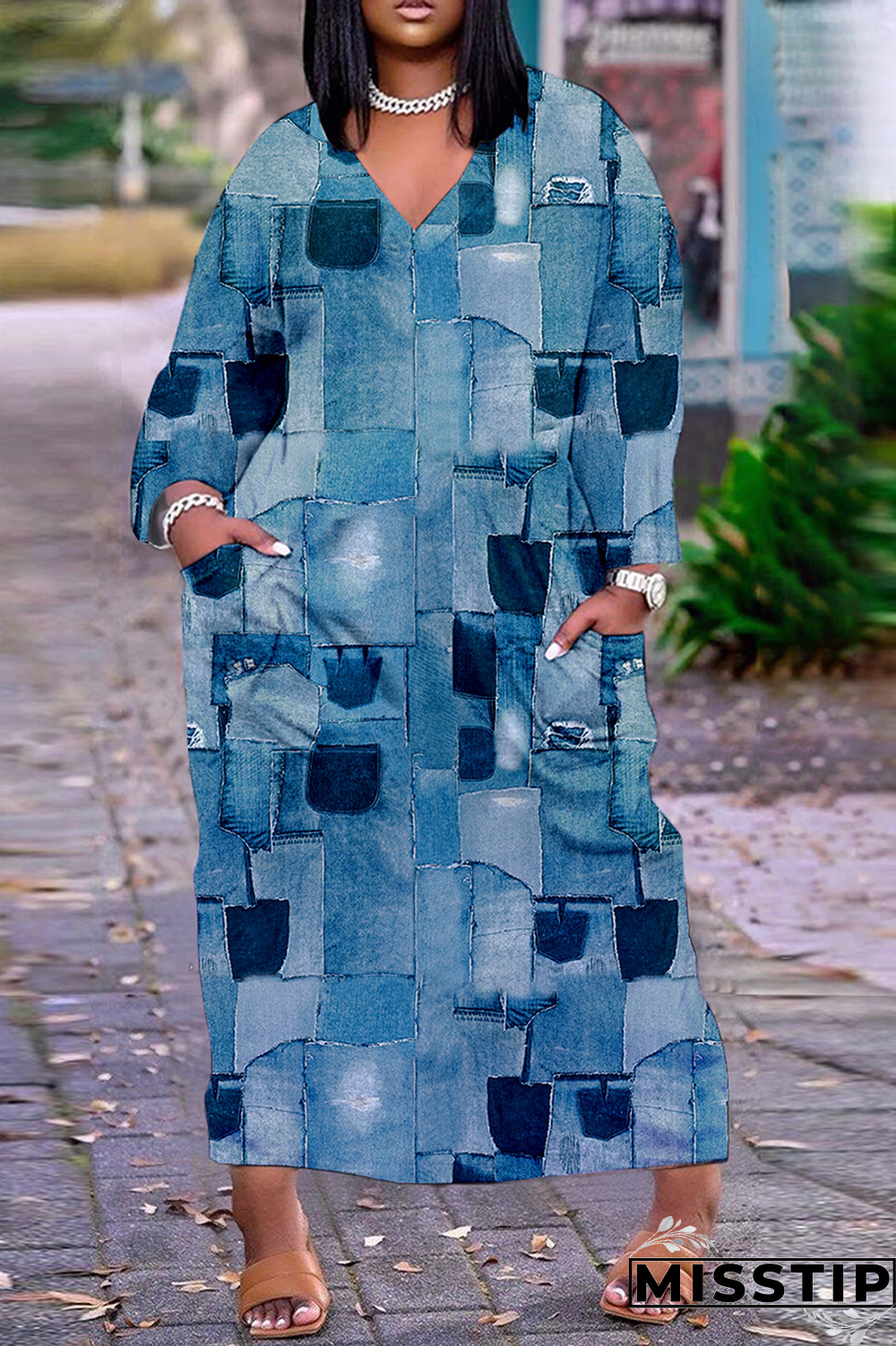 Blue Casual Print Patchwork V Neck Straight Dresses