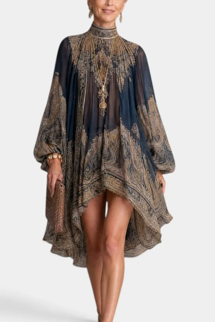 High Neck Paisley Chiffon Mini Dress with Puff Sleeves