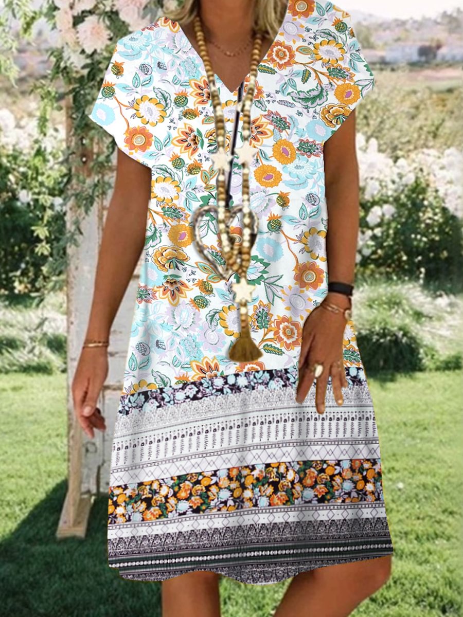 Loose Casual Floral Print V-Neck Short Sleeve Midi Dress