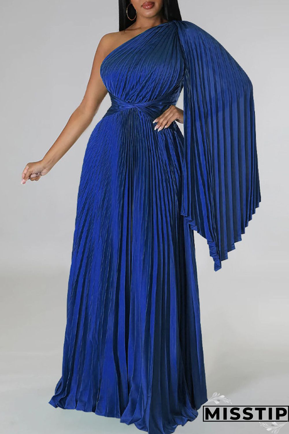 Colorful Blue Elegant Solid Patchwork Fold Oblique Collar Straight Dresses