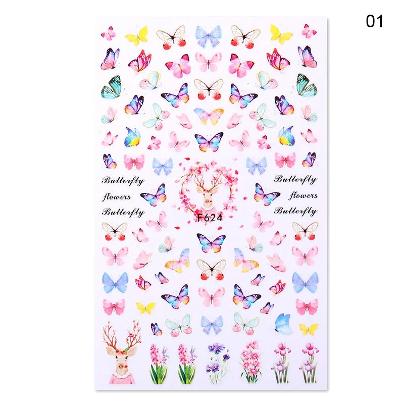1 Sheet 3D Butterfly Nail Sticker Black Lines Flower Colorful Nail Transfer Foil Sliders Leaf Tree Summer Nail Art Decoration