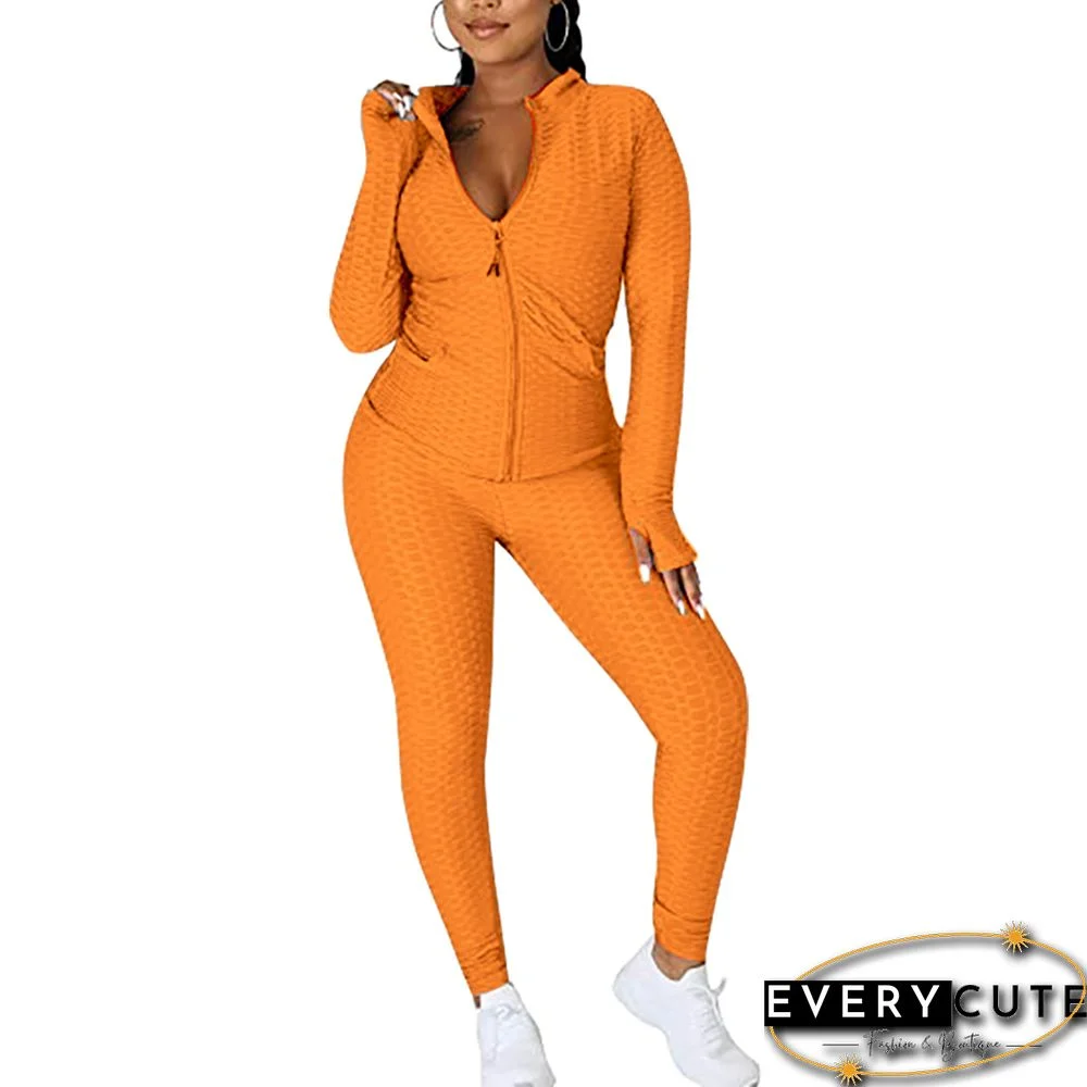 Orange Jacquard Bubble Long Sleeve Jacket with Pant Sports Set