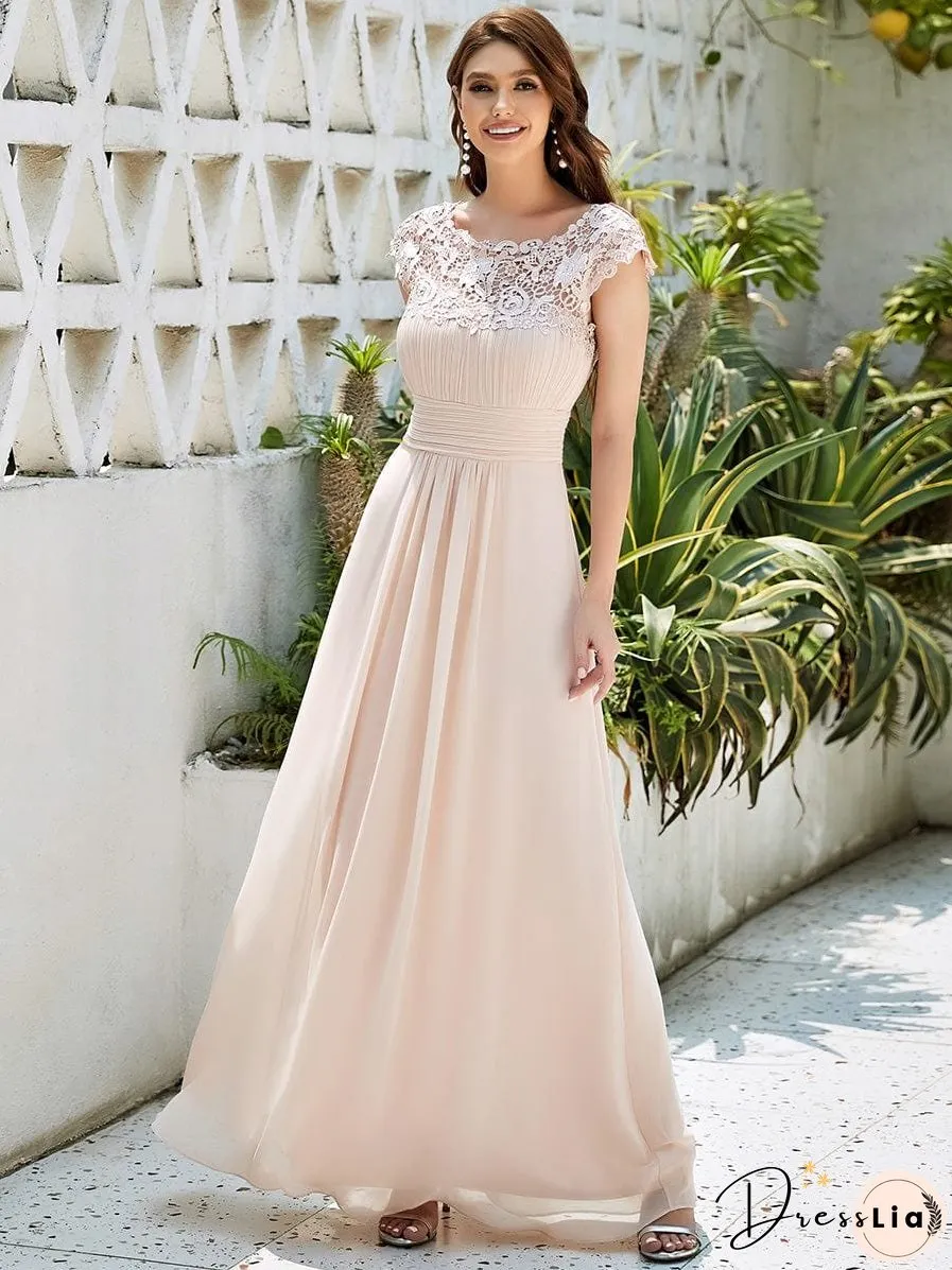 Elegant Lace Cap Sleeve Chiffon Evening Gown with Rhinestone-Embellished Neckline