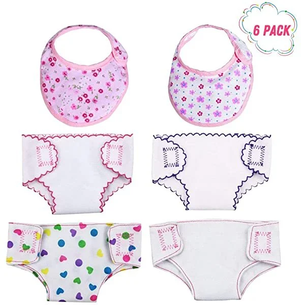 4 Pcs Doll Diapers and 2 Pcs Doll Bibs Set for 17 Inch Reborn Baby Dolls