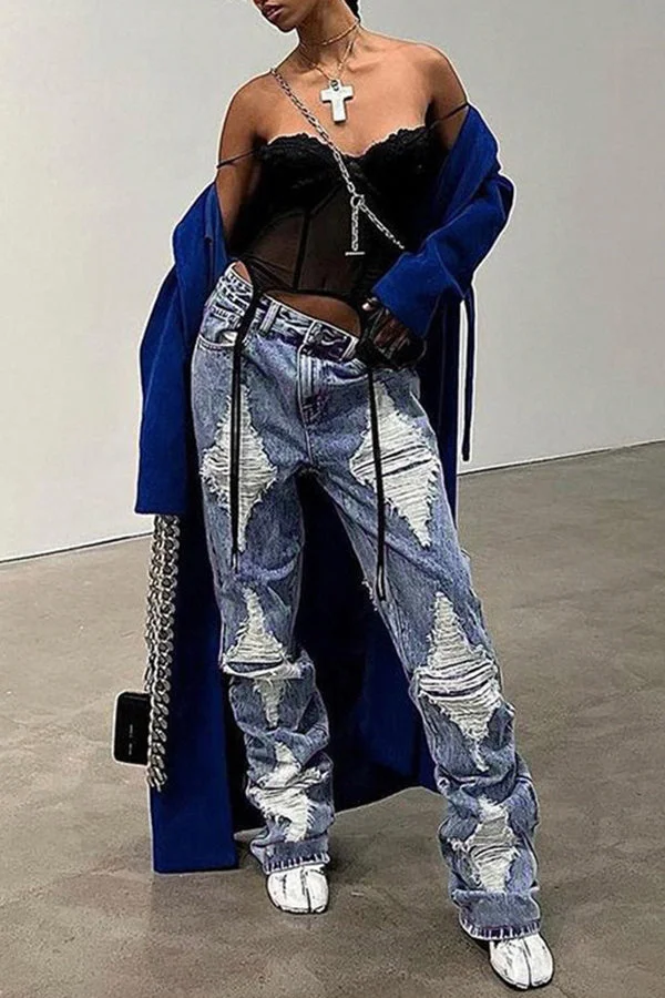Casual Brushed Distressed Straight Leg Jeans