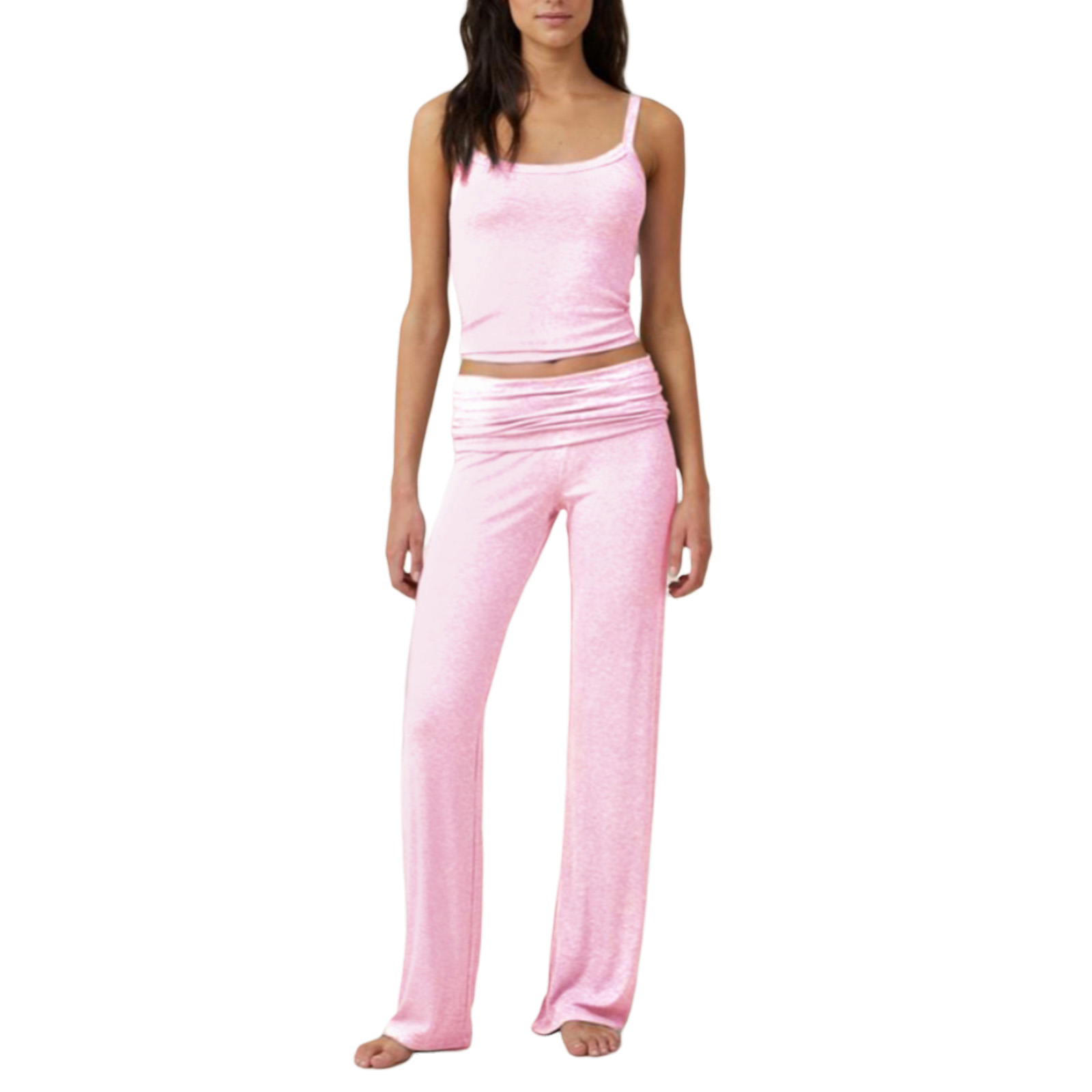 Maniros Women's Summer Outfits, Slim Scoop Neck Sleeveless Backless Cami Tops + Fold Over Long Pants 2 Piece Set