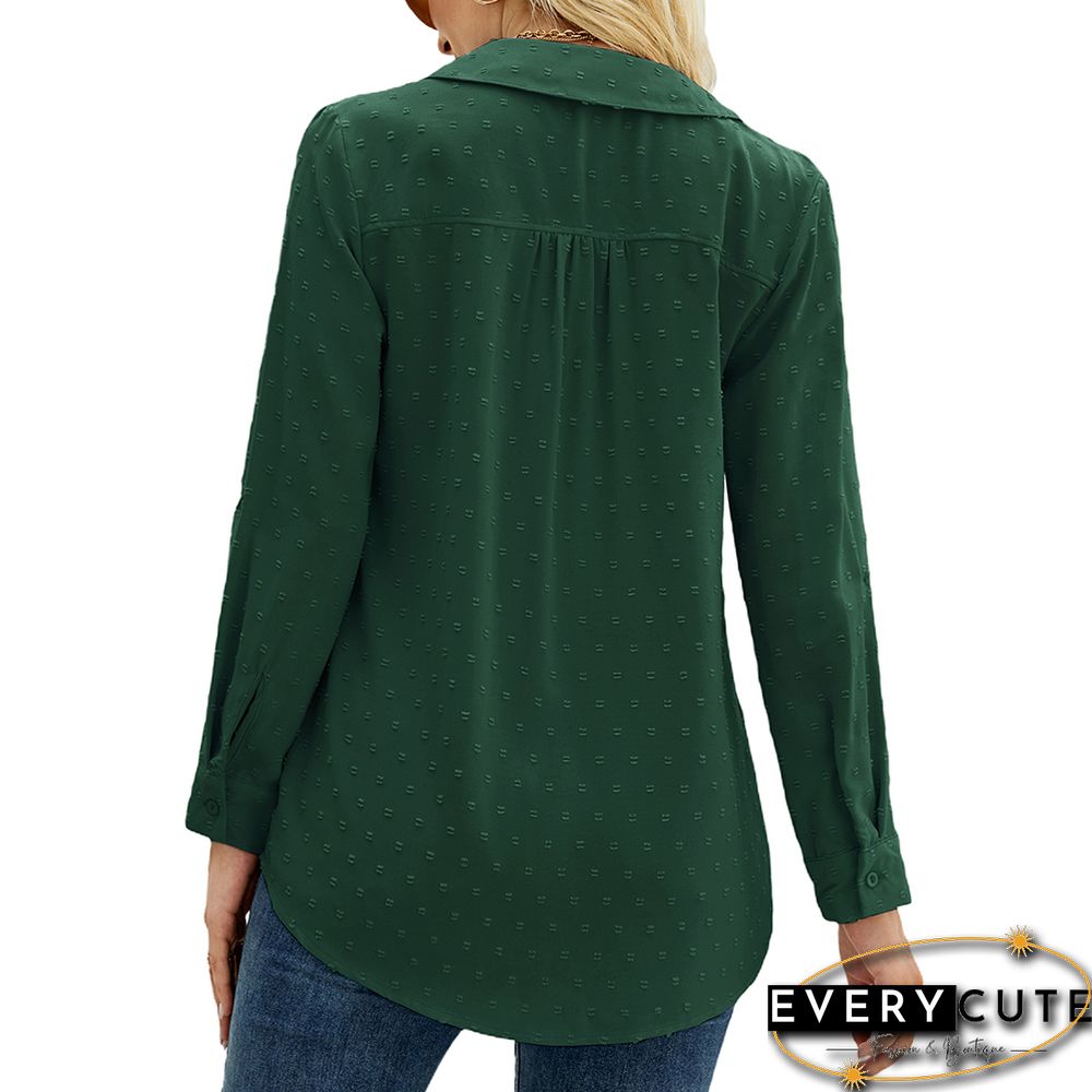 Green Swiss Dot V Neck Jacquard Long Sleeve Tops