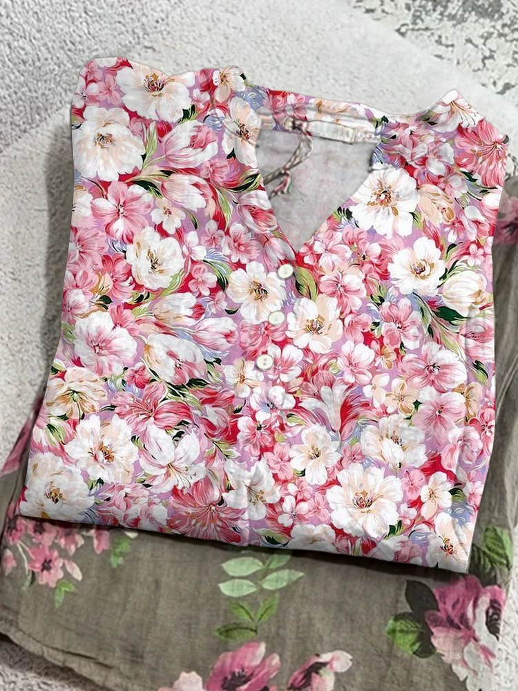 Women's Vintage Art Creative Flowers Print Casual Cotton And Linen Ruffle Shirt