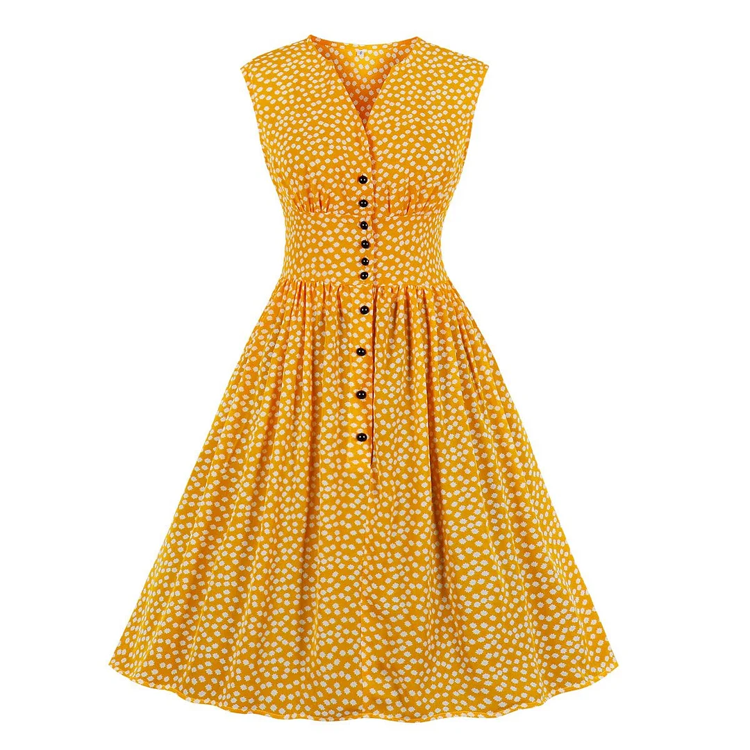 50s Style Retro Floral Dresses Ladies Fashion Sleeveless V-neck Dress