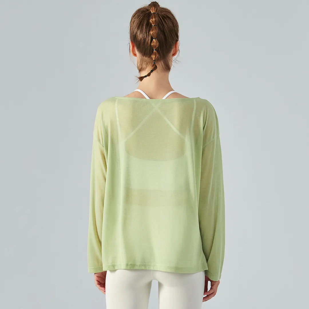 Buy Hergymclothing Celery Green off shoulder lightweight butter soft eco skin friendly comfortable everyday casual yoga smock shirt online