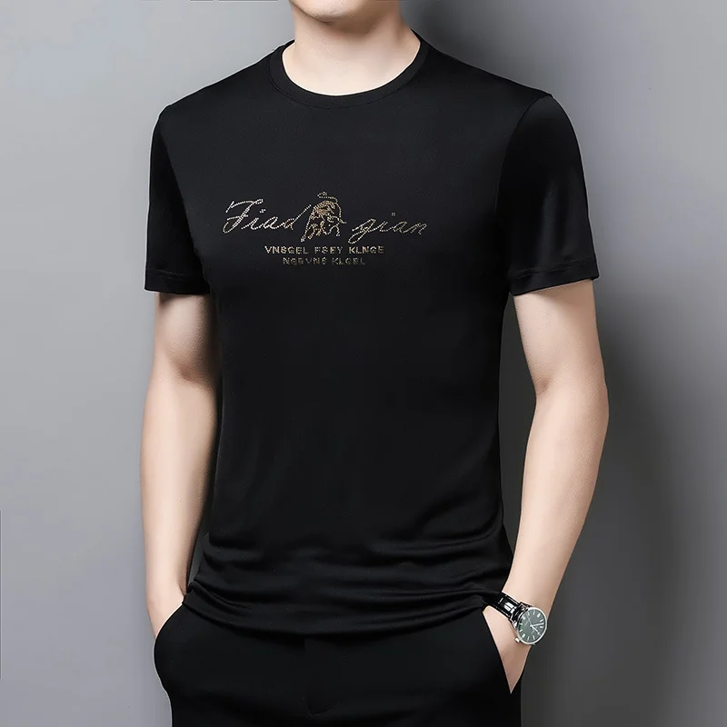 T-shirt en soie noire de motif lettres- SOIE PLUS