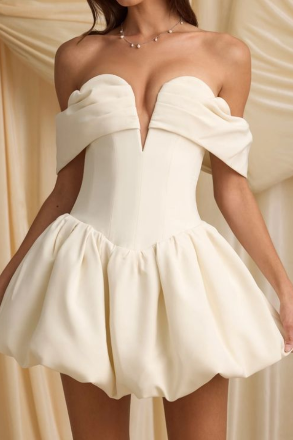 Ovlias Chic White Off-Shoulders Deep V-Neck Homecoming Dress Bubble with Pleated HC0165