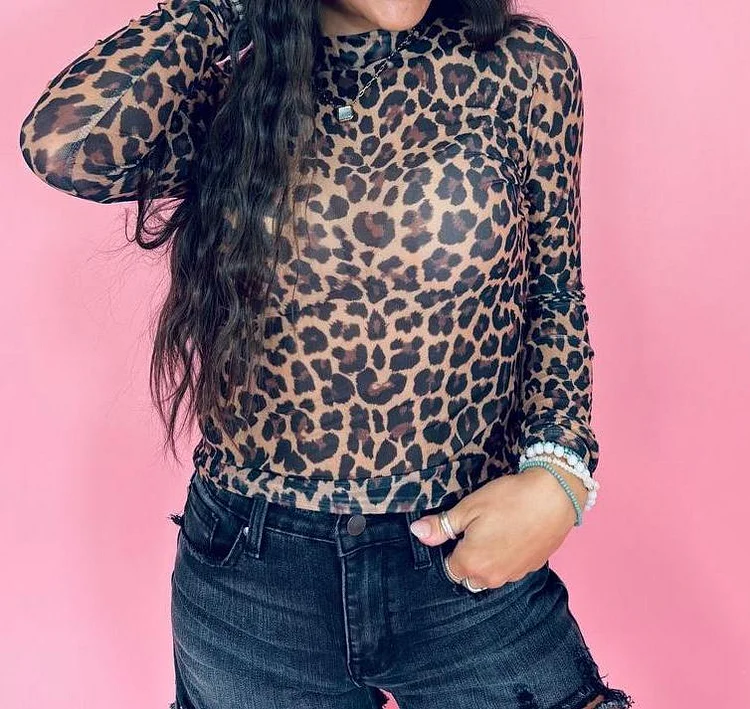 Leopard Mesh Mock Neck Fitted Top