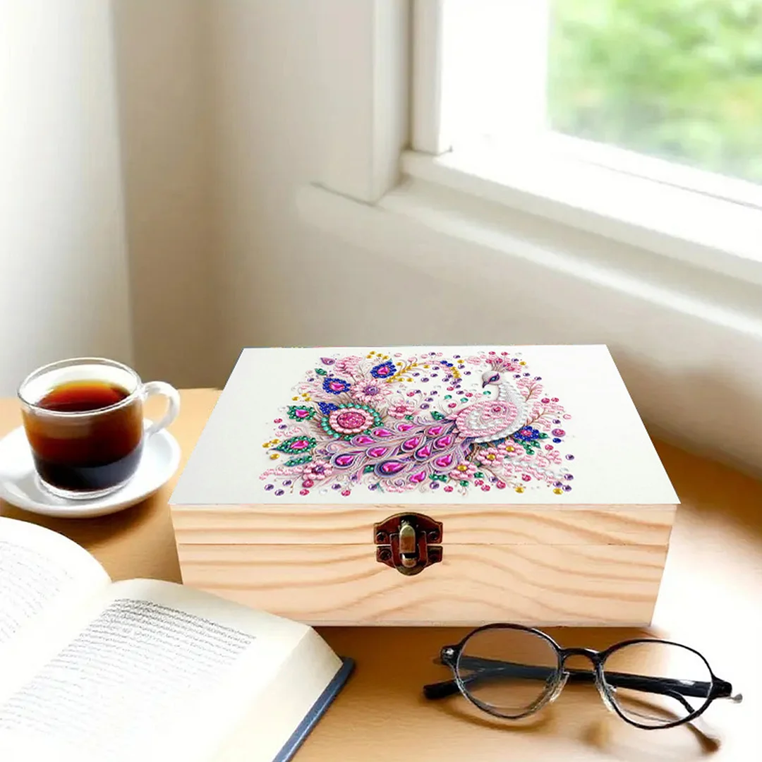 Peacock DIY Wooden 5D Diamond Art Diamond Art Storage Box for Adults Desktop