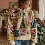 Women's Christmas Tree And Floral Pattern Knitted Hooded Sweater - Image 2