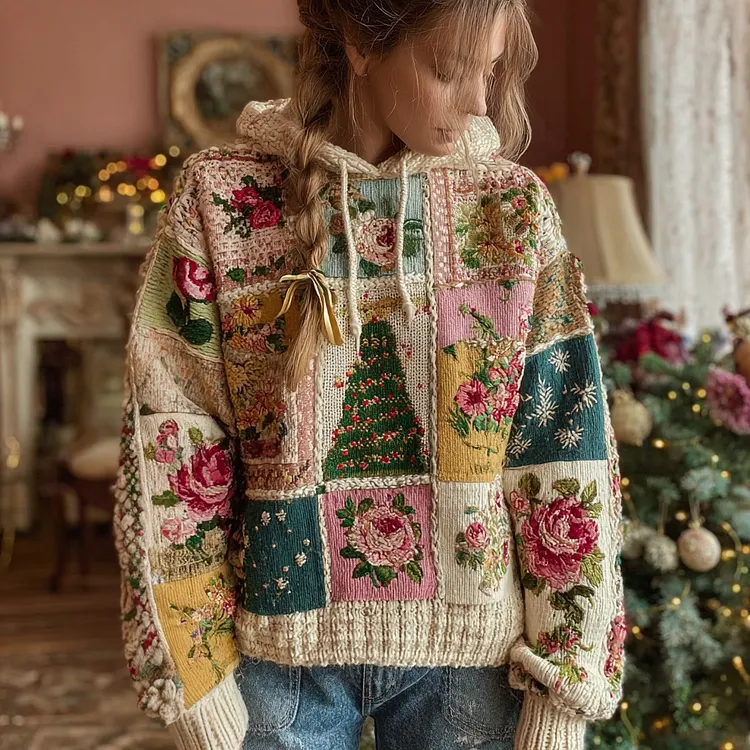 Women's Christmas Tree And Floral Pattern Knitted Hooded Sweater