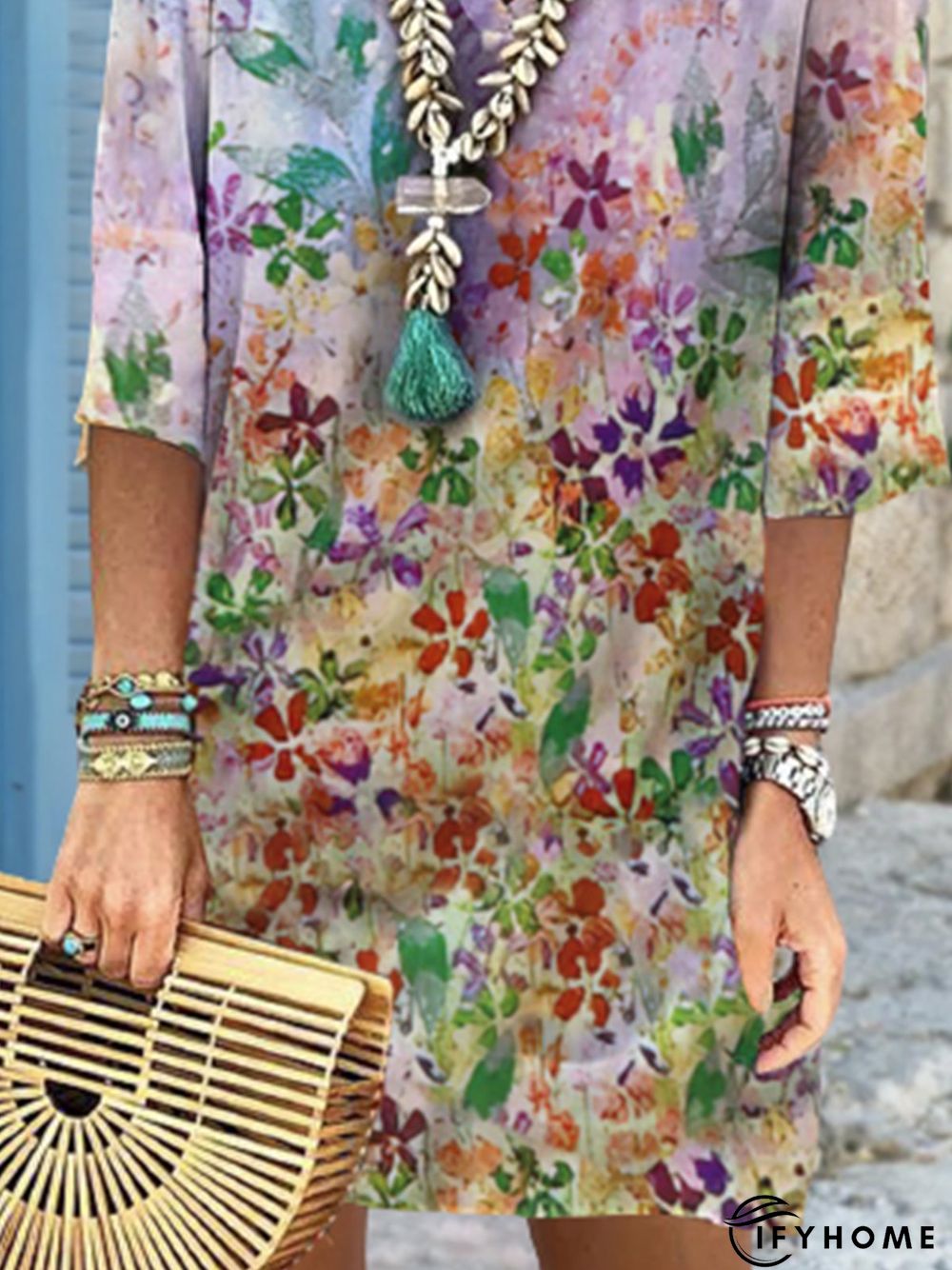 Women's A Line Length Dress Floral printed 3/4 Length Sleeve Floral Layered Print Fall Summer V Neck Casual Loose | IFYHOME