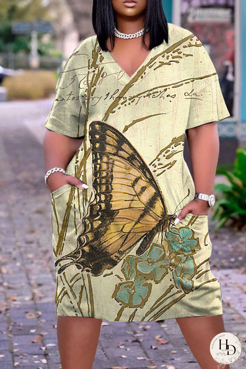 Multicolor Casual Street Print Patchwork V Neck Straight Dresses