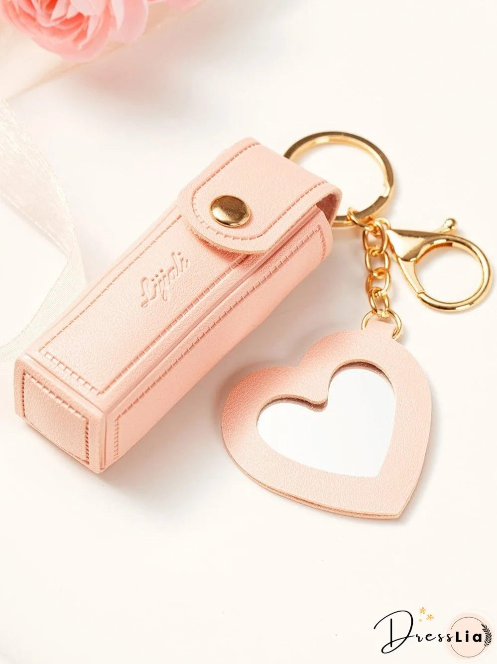 Apricot Pink Lipstick Mirror Keychain Pouch