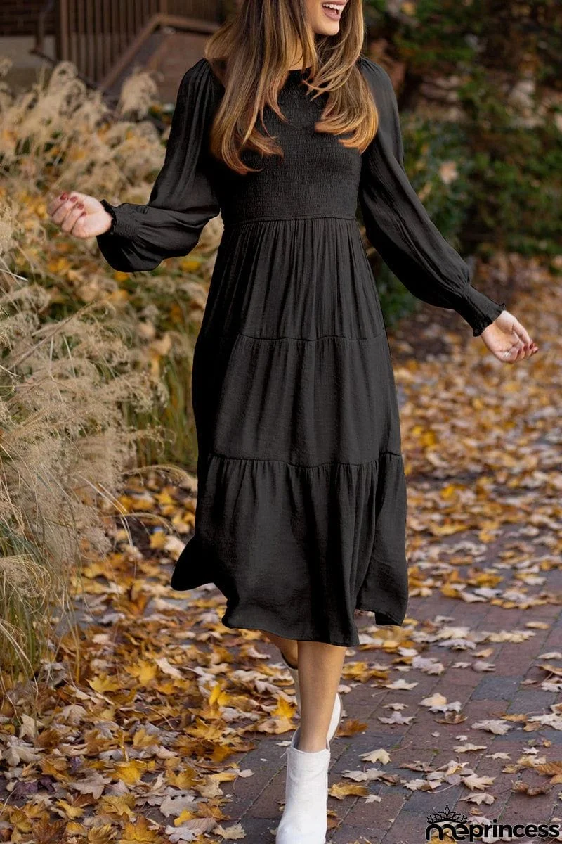 Sweet Elegant Fold Solid Color O Neck A Line Dresses(3 Colors)