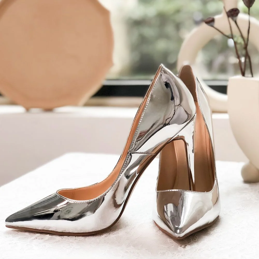 Sliver Heels Pointed Toe Shoes Mirror Leather Pumps