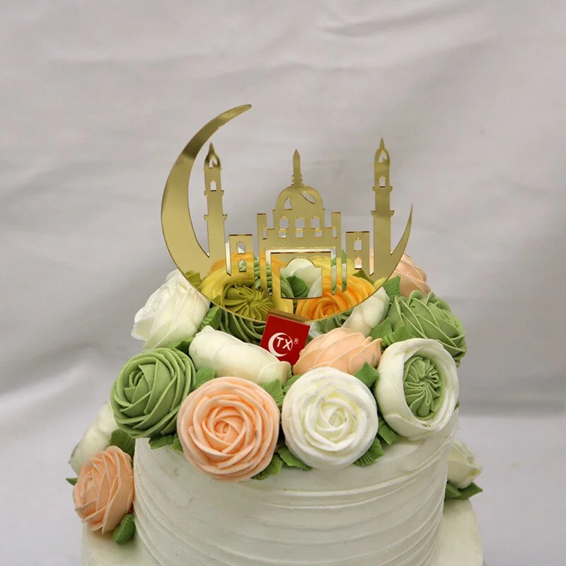 Eid Mubarak Cake Topper Gold Acrylic Cupcake Topper for Hajj Ramadan Mubarak Kareem Cake Decorations Muslim Baking Cake Supplies