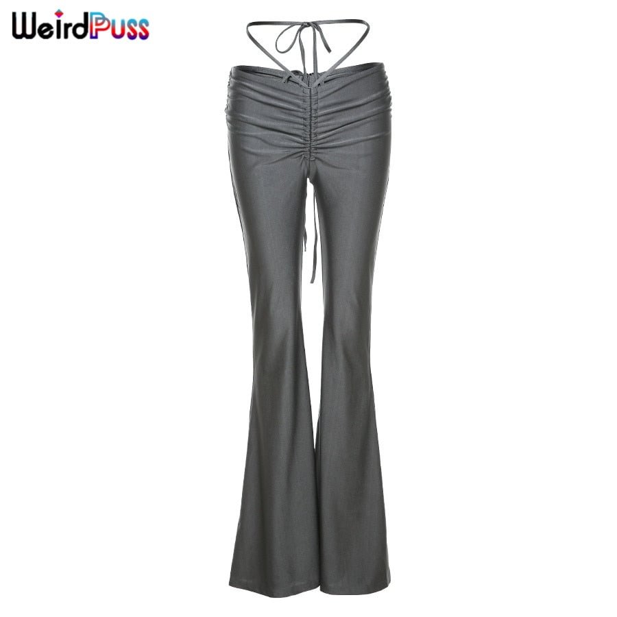 Weird Puss Y2K Low Waist Flare Pants Women Drawstring Ruched Long Trousers Elastic Casual Streetwear Fashion Bandage Bottoms