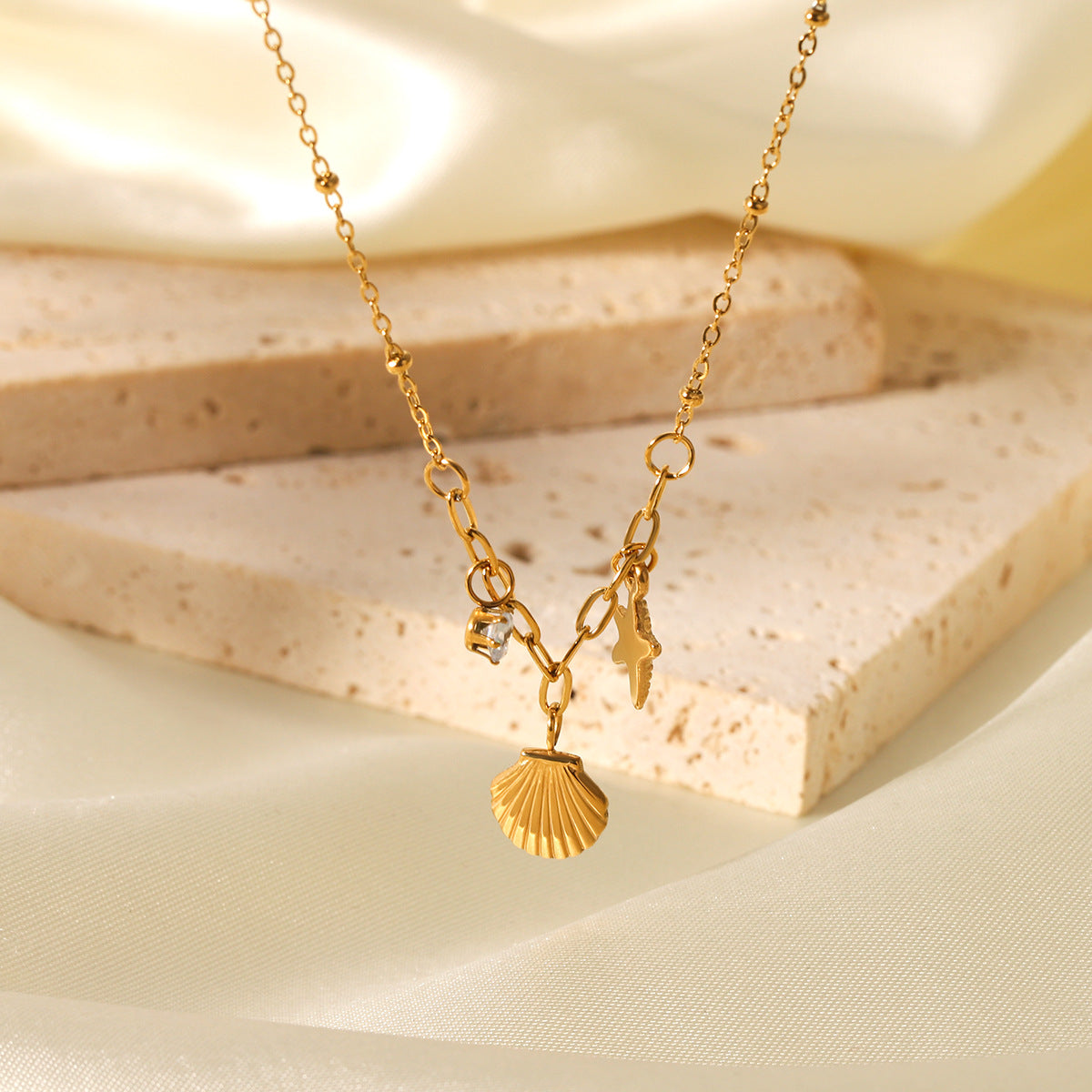 Stainless Steel Starfish Shell Zircon Pendant Necklace Niche Design Ocean Style Titanium Steel Clavicle Chain