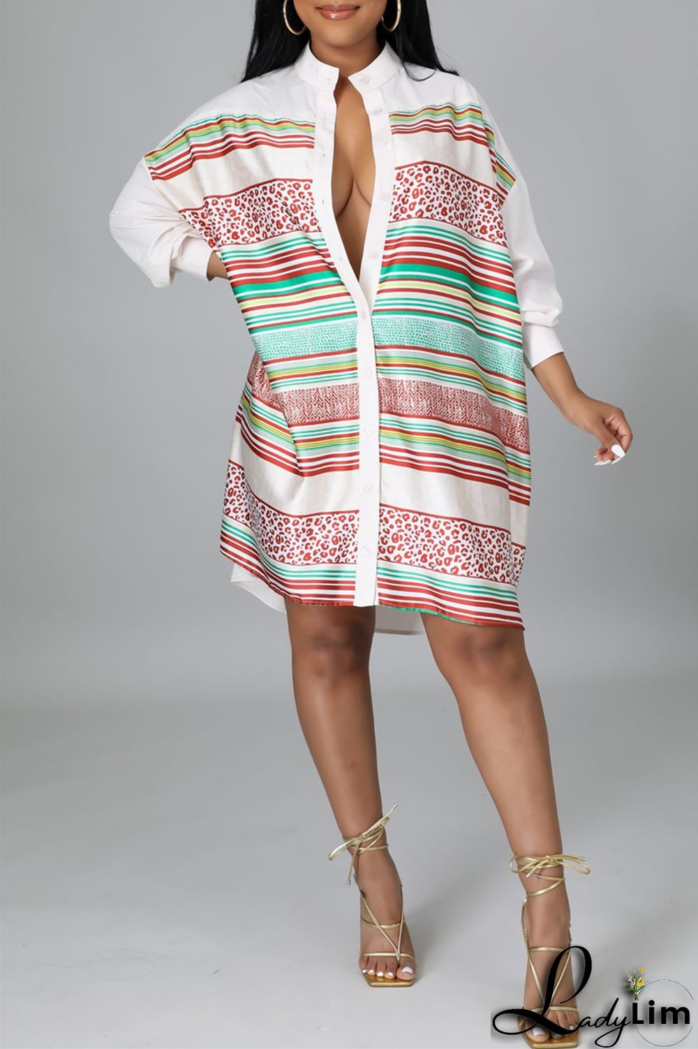 Blue Fashion Casual Striped Print Patchwork Shirt Collar Shirt Dress