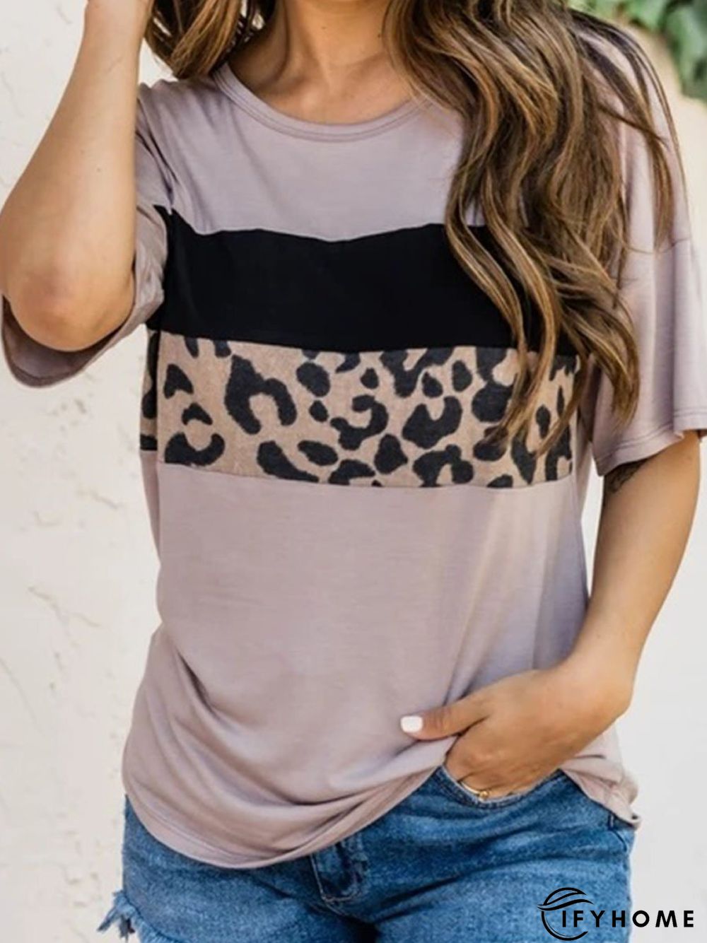 Leopard Short Sleeve Printed Cotton-blend Crew Neck Casual Summer Brown Top | IFYHOME