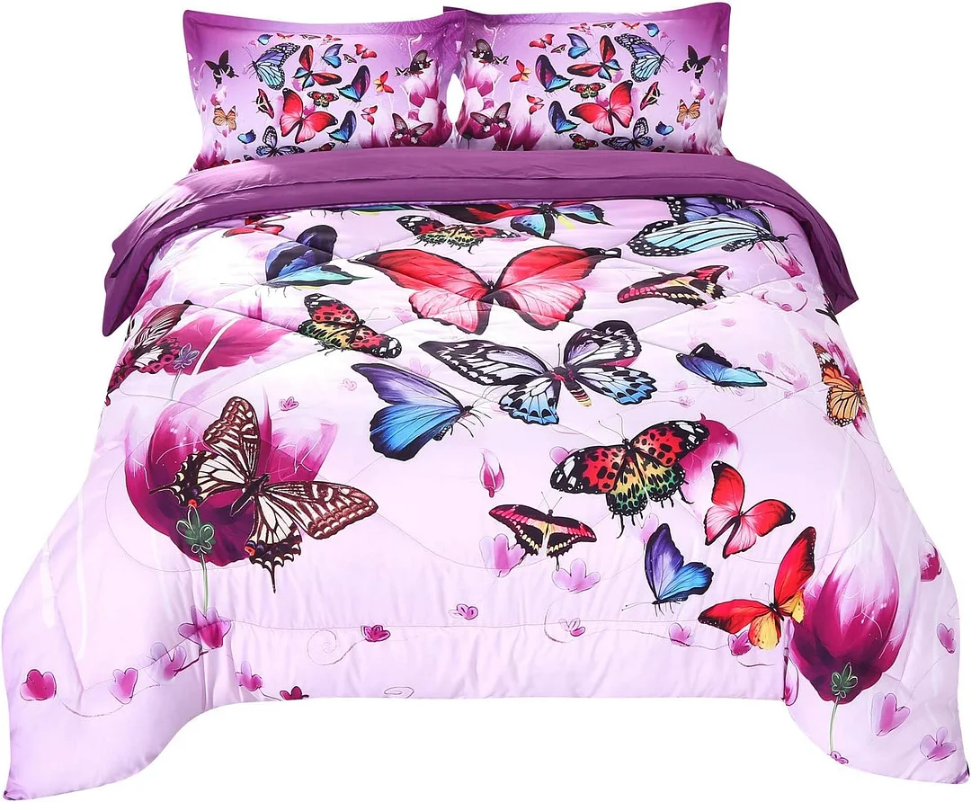 Butterfly Comforter Set Twin Upgraded Butterfly Bedding Set Purple Pink with Comforter, Flat Sheet, Fitted Sheet and 2 Pillowcases