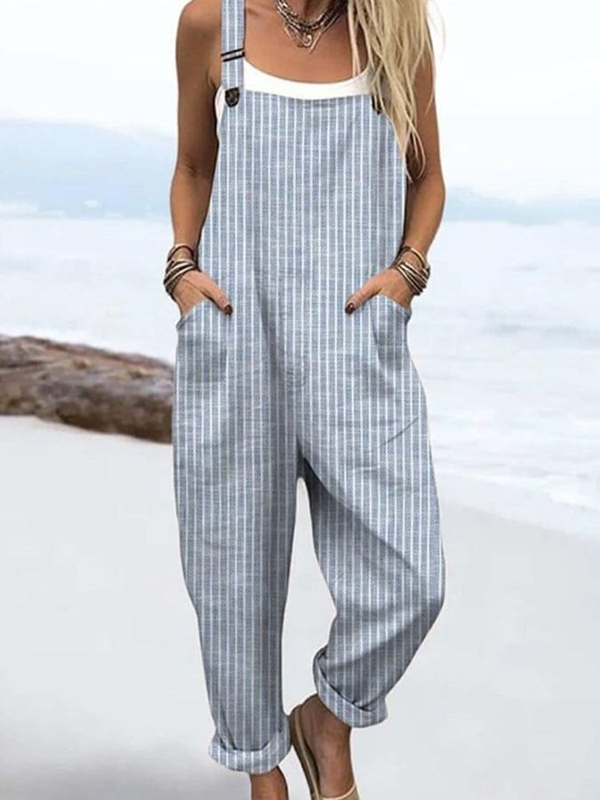 Women's Casual Striped Printed Cotton and Linen Overalls 