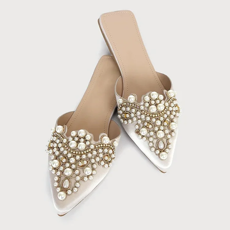 Ivory Pearl Pointed Toe Mules Flats Vdcoo