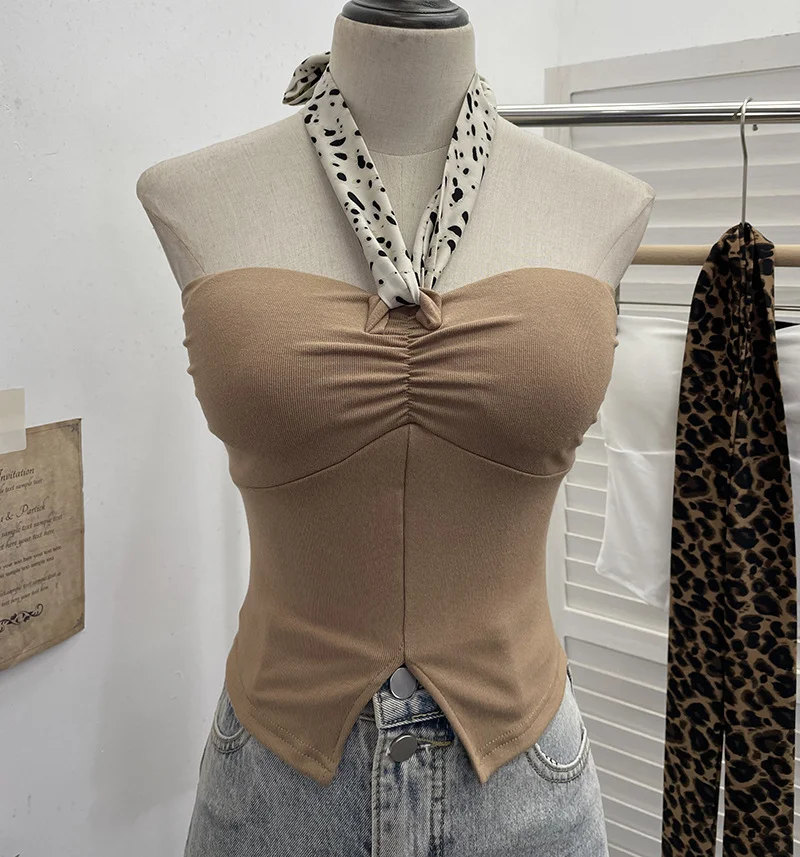 Nigikala Nigikala Shot Leopard-Print Silk Scarf Hanging Neck Design Folded Bra Strap Chest Pad Vest Short Sleeveless Top Lady 9206