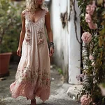 Boho Pink Roses Lace Ruffle Bottom Flowy Linen Maxi Dress - Image 2