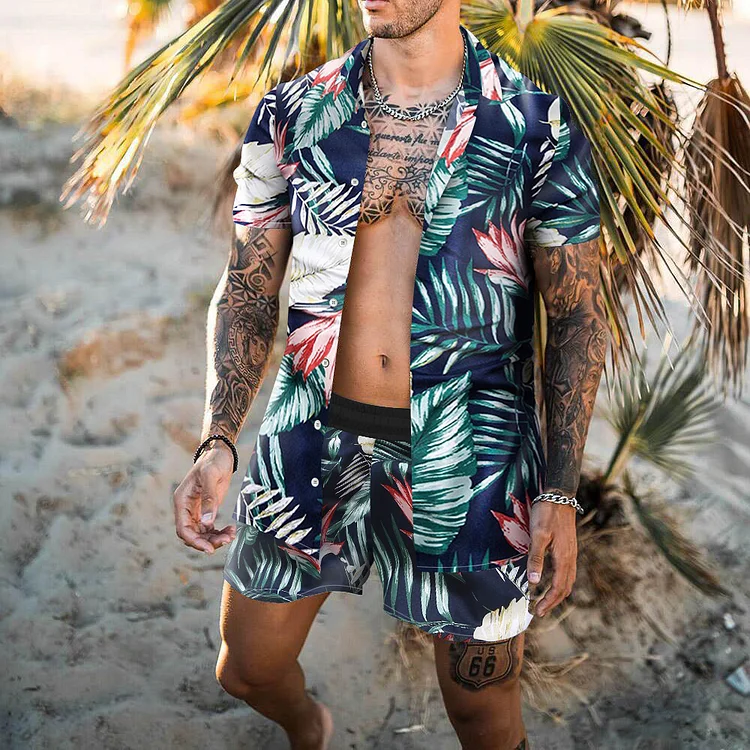 Men Hawaiian Style Beach Print Short Sleeve Suits