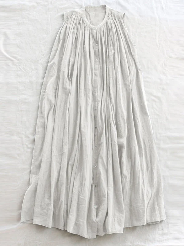 Loose Sleeveless Pleated See-Through Round-Neck Midi Dresses