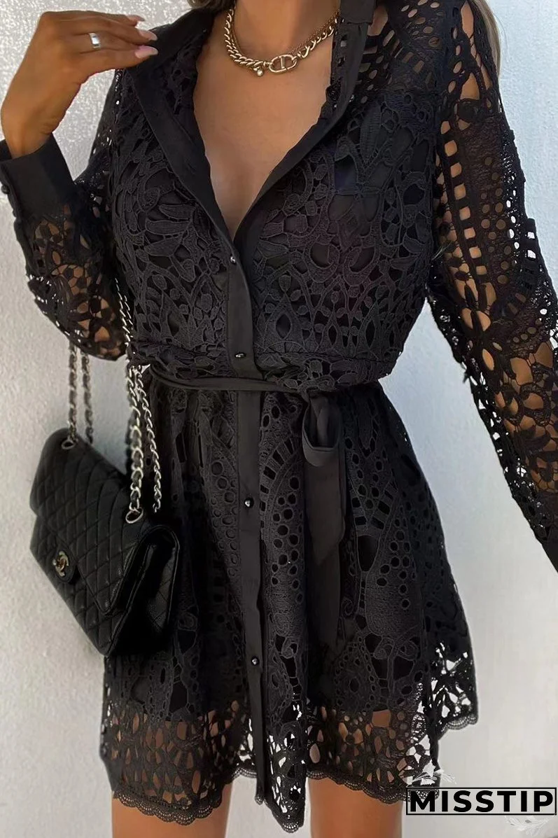 Casual Solid Lace Turndown Collar Waist Skirt Dresses(3 Colors)