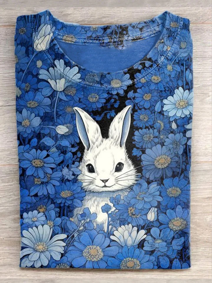 Unisex Easter Cute Bunny Illustration Print Casual Round Neck T-Shirt