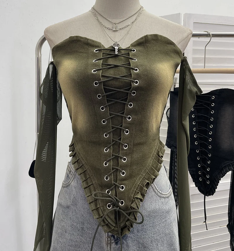 Brownm Hottie Sexy Tset Blouse Irregular Cowboy Splicing Mesh Yarn Tie With Short T-Shirt 6105