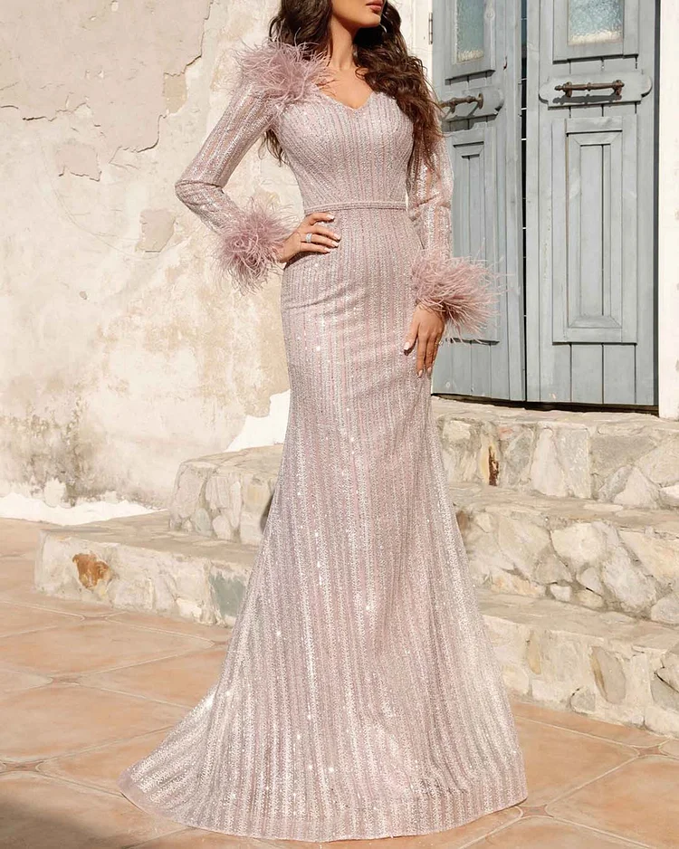 Sequin Feather V-Neck Dress Gown