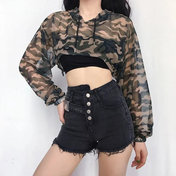 Women Long Sleeve Black Bustier Crop Top Mesh Harajuku Hiphop Loose Leopard Hoodie Sweatshirt Clubwear Tie Dye Top